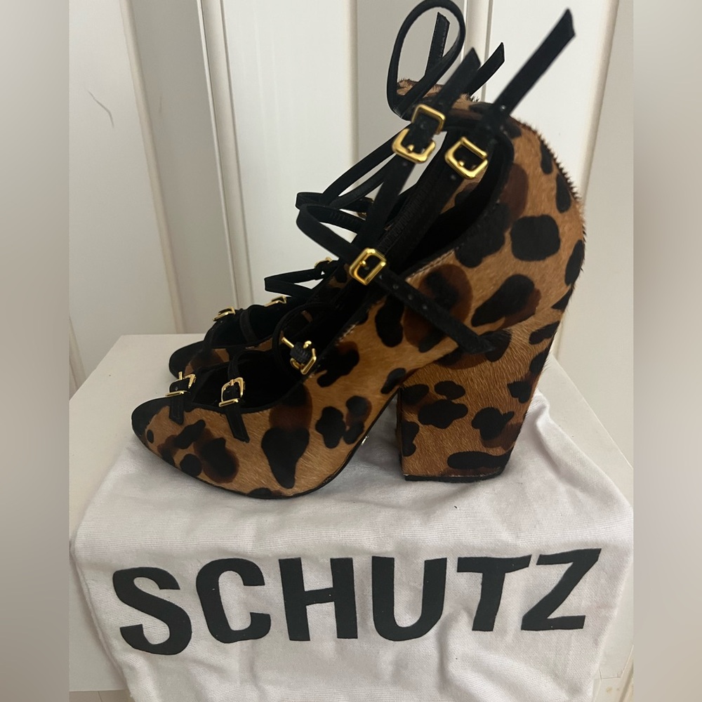 SCHUTZ Animal Print Heels with Black Straps